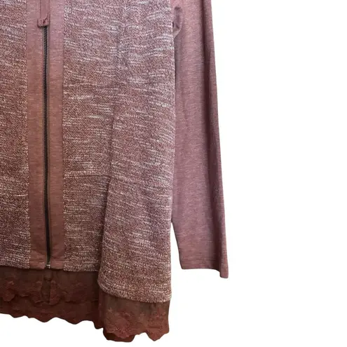 LOGO Lounge Cardigan Womens Medium Multicolor Lace Hem Stretch Zippered Sweater