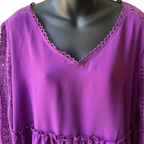 Grace Karin NWT  Long Sleeve Tiered Top Tunic Eyelet Puff Sleeve Purple Women 18