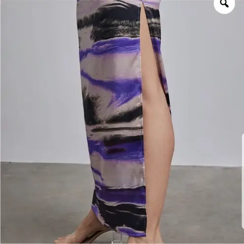 Silk Maison Maxi Dress Medium Purple Black Abstract Print Long Sleeve Cutout Purple
