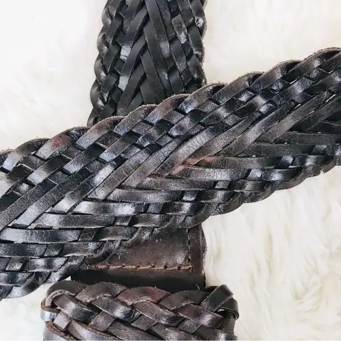 VINTAGE Wide Brown Braided Leather Belt Woven Silver Buckle 90s Y2K Size Large Brown