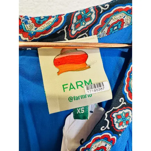 Farm Rio Blue Black Bell Sleeve Ainika Tiles Flowy V-Neck Maxi Gown Size XS