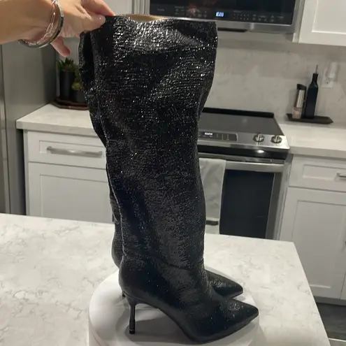 New! All Saints Women's Nori Shimmer Knee High Boots Leather Black Sz 7 $429