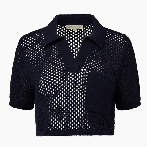 ONIA NWT Crochet Knit Cropped Polo Deep Navy Blue Semi-Sheer Polo Shirt Medium