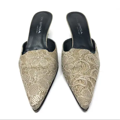 via spiga tan lace mules, made in Italy, size 8.5