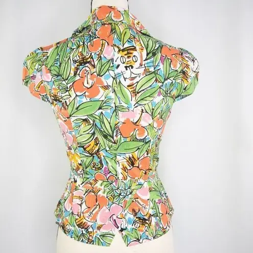 Vintage floral print short sleeve jacket, green and red, cotton blend Size XXS