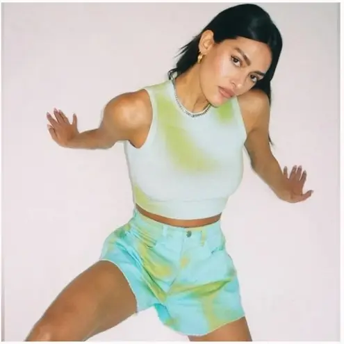 We Wore What Flare Bell Short in Tie Dye Stretch Twill Denim - Size 25