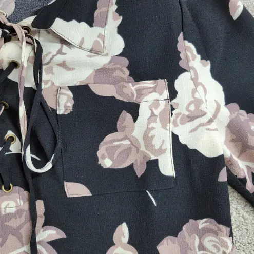 Mud Pie Kinsley Dress Womens Medium Black Pink Floral Stretch Lace Up Mini