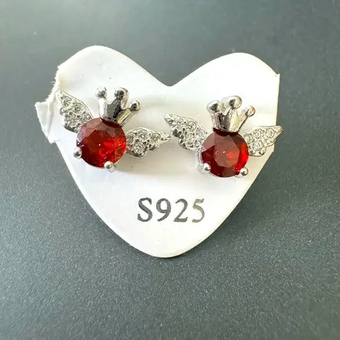S925 Garnet & CZ Crown & Wings Earrings Red