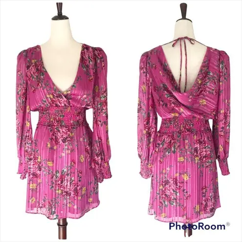 WAYF  Pink Floral Long Sleeve‎ Mini Dress Cocktail Party Low Back Satin XS New
