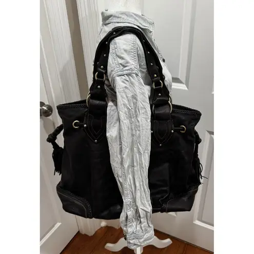 Kate Landry Black Leather Tote Bag Gold Tone Hardware Tassels