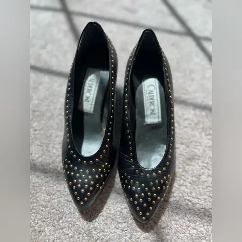 Vintage Italian Black Leather Studded Heels | 80s Minimal Chic Size 5.5 EU 35.5