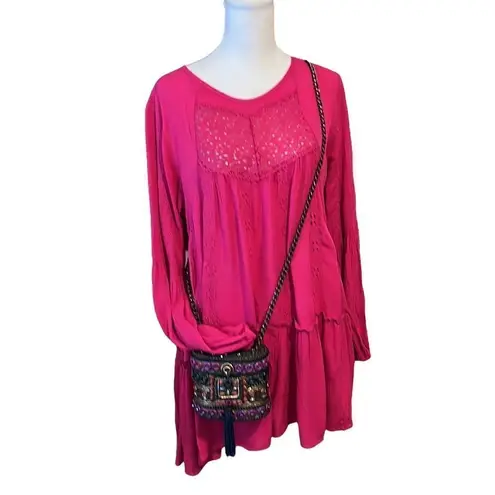 NWT Adiva bright pink LS mini dress or tunic keyhole flowy flouncy ruffles lace Pink