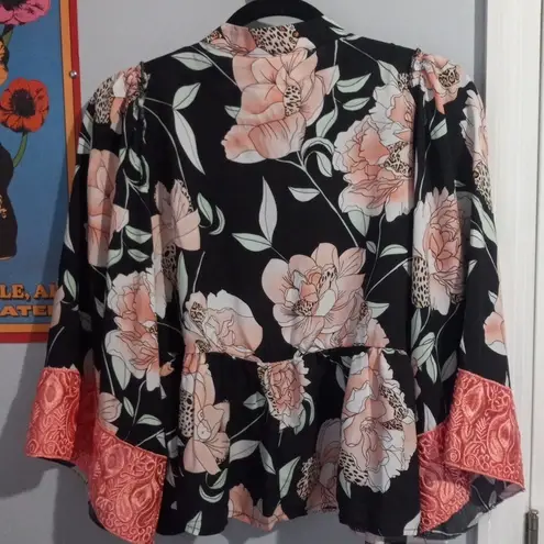 Jaase Pink and Black Floral Print Embroidered Open Front Kimono Top NWT