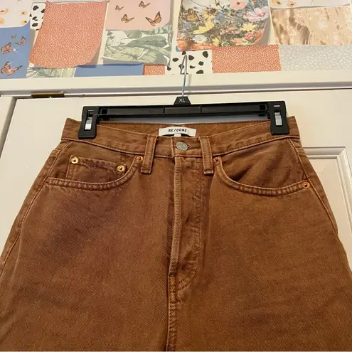 RE/DONE  Brown 70s Ultra High Rise Stovepipe Jeans in Washed Terracotta