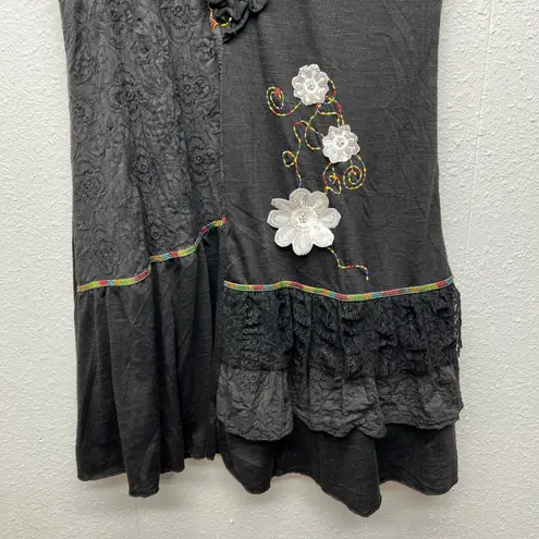 Vintage Syle Camisa Dress S/M Y2K Embroidered Whimsigoth Fairygoth 3D Floral Black