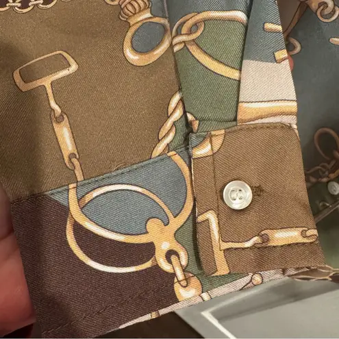 J. McLaughlin Silk Blend Equestrian Print Button Down Blouse Green Brown Small