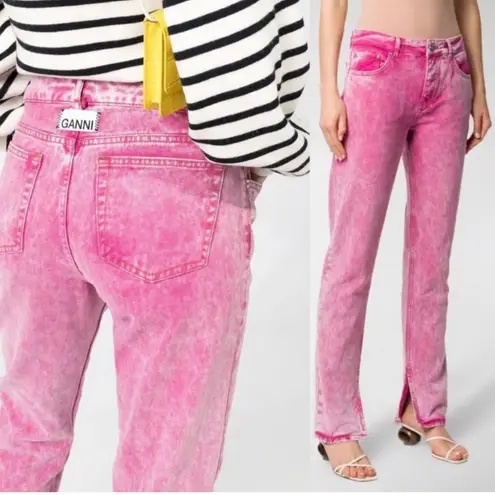 Ganni Pink Acid Wash Straight-Leg Jeans with Slit 26
