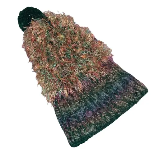 Vintage Multicolored Eyelash Beanie with Pom Green