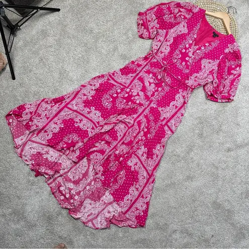 Ann Taylor  Bandana Paisley Wrap Maxi Dress V-Neck Shortsleeve Hi-Low Pink Boho 8