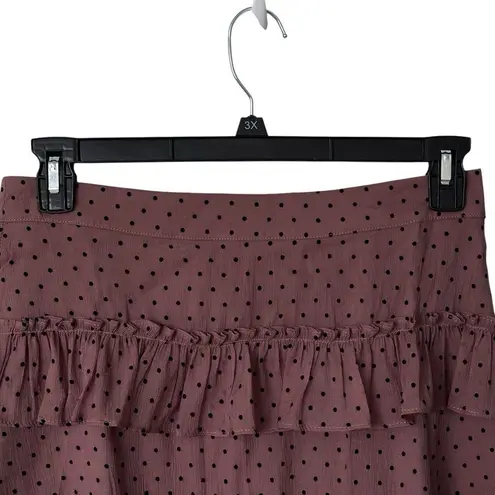 Rachel Parcell Tiered Ruffle Midi Skirt Size 10 Chiffon Flocked Tan Black Dots