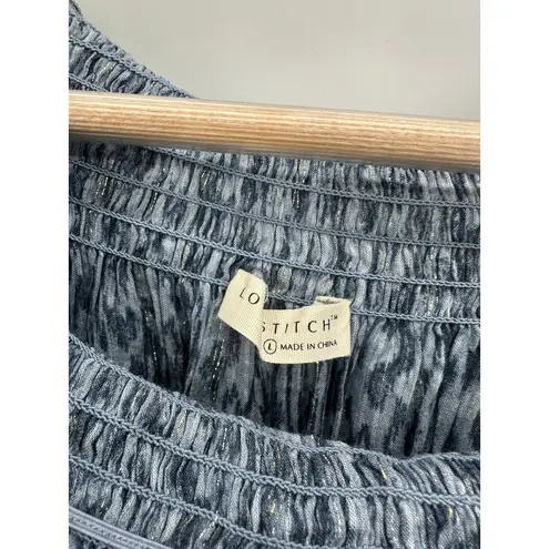 Lovestitch Top Women LARGE Blue Printed Off The Shoulder Ruffle Sleeve Smocked