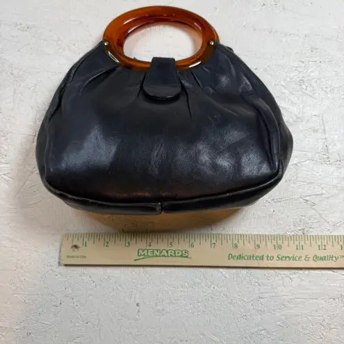 Vintage Black Leather Handbag with Tortoise Shell Handle Small Shoulder Bag