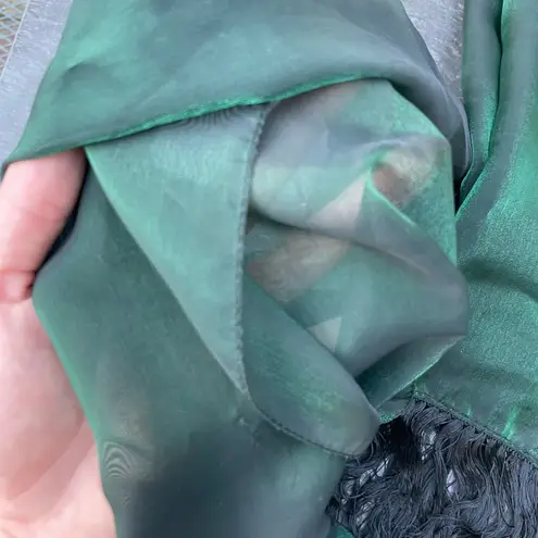 Dark green sheer fringed scarf
