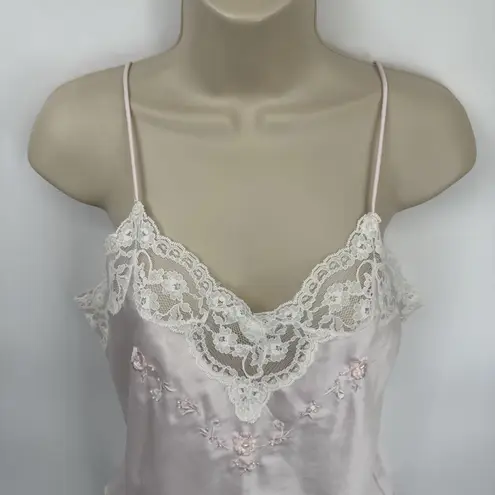 Vintage 80s Sara Beth Satin Cami Top Small Pink White Lace Embroidered Beaded