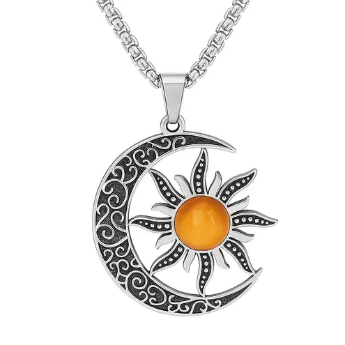 Silver Crescent Moon & Sun Amber Pendant Necklace
