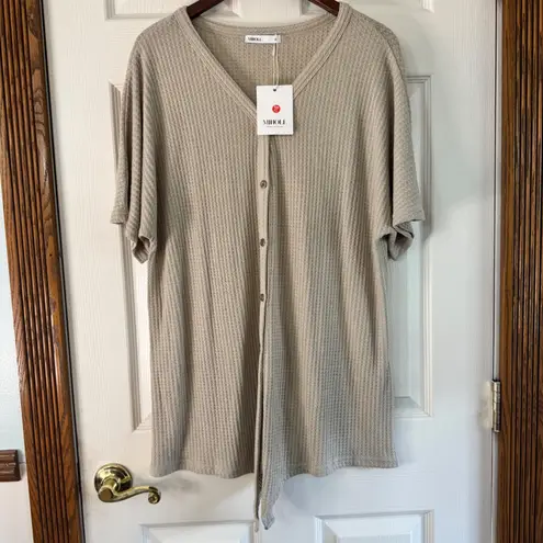 MIHOLL Waffle Knit Button Down Top Tie Front Shirt Blouse XL Tan