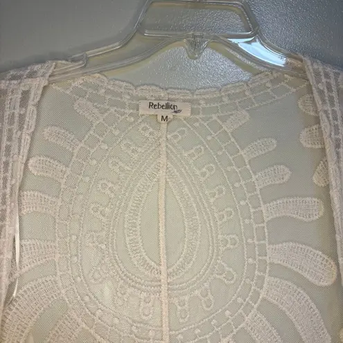 Rebellion Cream Boho White Sheer Lace Midi Kimono Cardigan Beach Coverup Medium