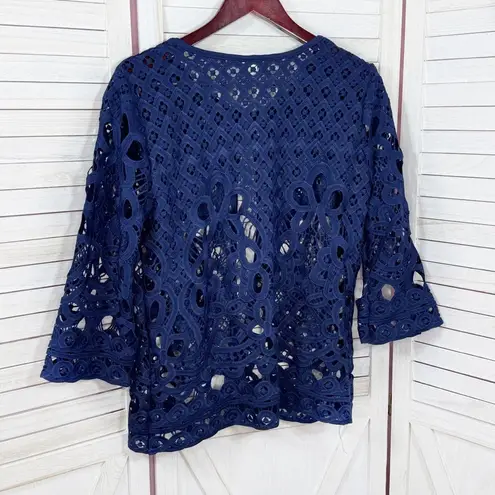 Adore Open Eyelet Lace Topper Cardigan Jacket Navy Blue Medium