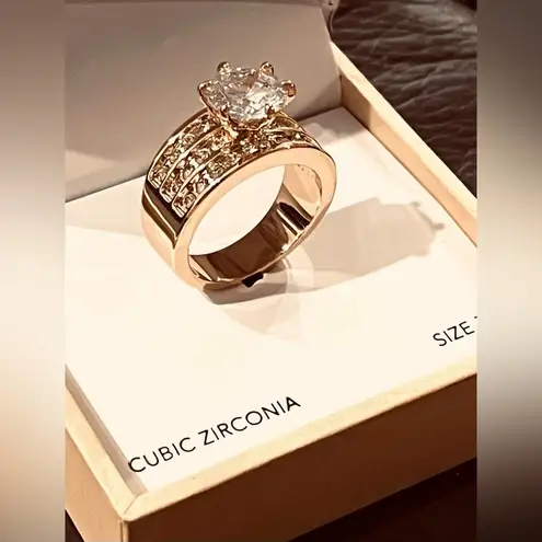 Charter Club NEW SOLITAIRE RING SZ 7 Crystal 3-Row Fine Gold Plate Macys Boxed