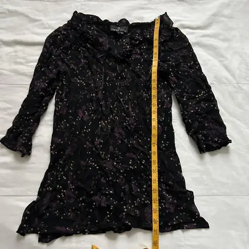 Vintage Carole Little Black and purple floral peasant top with ruffle neckline Size 10