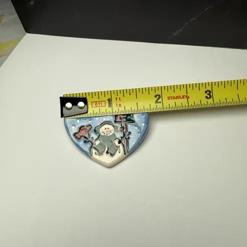 Snowman & Cardinal Bird In Heart Ceramic Brooch Pin Handcrafted Hand Made