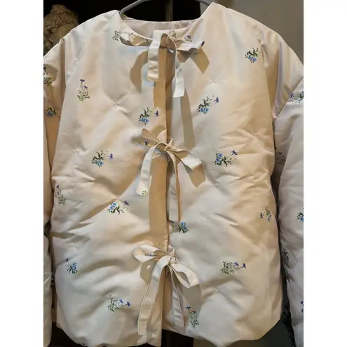 Sleeper Ukiyo Tie Front Puffer Jacket Flower Print Womens Size XS White