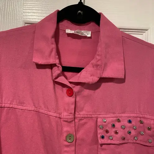 Pink City Size L Pink Bedazzled Pocket Long Sleeve Colorful Mixed Button Shirt Size L