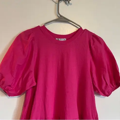 ZARA hot pink puff sleeve tiered cotton mini dress size xs