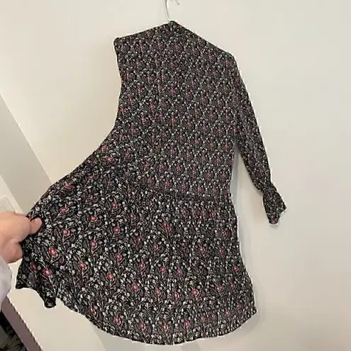 Joie Jamira Dress Black Blue Red Floral Tie Neck Bow Asym Ruffle SILK Mini