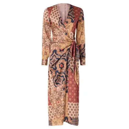 Misa Los Angeles Eliza Patchwork Wrap Dress in Multi Brown, Size M