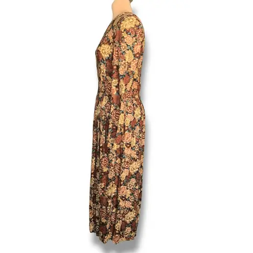 Vintage 90s Brown Dark Floral Long Sleeve Rayon Maxi Dress 10 Autumn Romantic