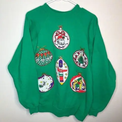 Vintage Ugly Christmas Ornaments Sweatshirt 90s 80s Womens SIze XL Green