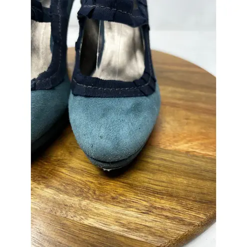 Boden Blue Suede Leather Ribbon Trim Mary Jane Court Heeled Pumps Size 38 US 7 Blue