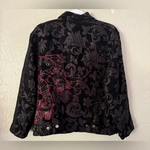 Multiples WOMENS Black Red Floral Design Button Jacquard Coat Jacket SIZE LARGE