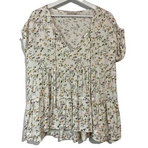 American Eagle  Outfitters Women’s Ruffle Peplum Top White Floral Size Small EUC