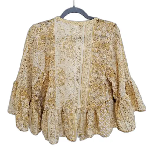 Rebellion Again Floral Cardigan Womens Size S Crop Top Front Tie Yellow