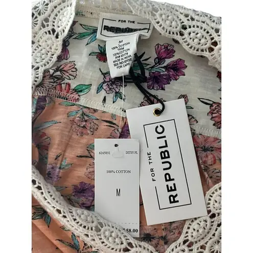 FOR THE REPUBLIC M Short Sleeve Embroidered Lace Trim Blouse Floral Cottage New