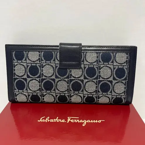 Salvatore Ferragamo Gancini Bifold Long Wallet Navy Canvas/Leather - Preowned