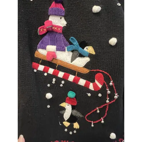 Karen Scott Christmas Sweater Size PL Black Polar Bears Penguins Sleds Zip Ugly