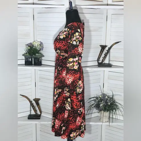 Vintage 70s boho mod floral red black midi dress trumpet sleeves sz M L Size M